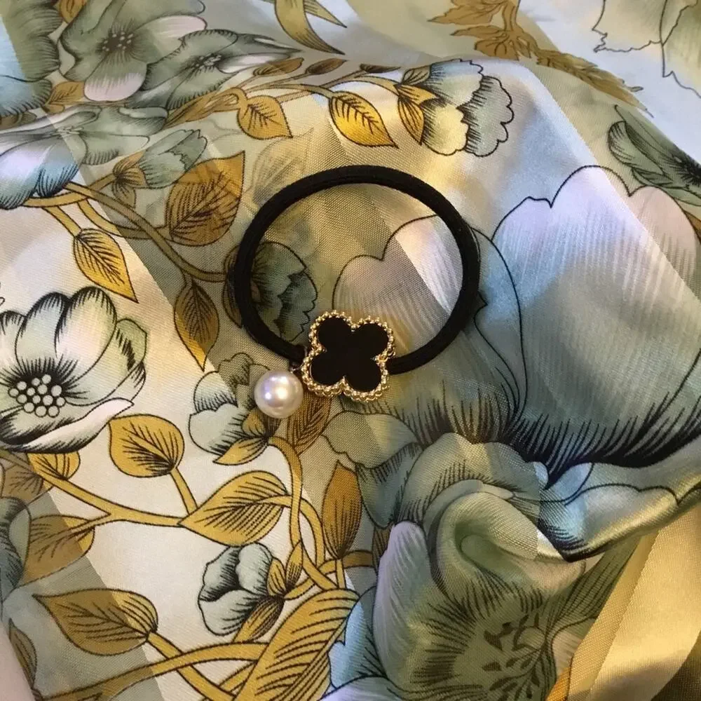 Black & Matte Gold Flower & Pearl  Hair Tie